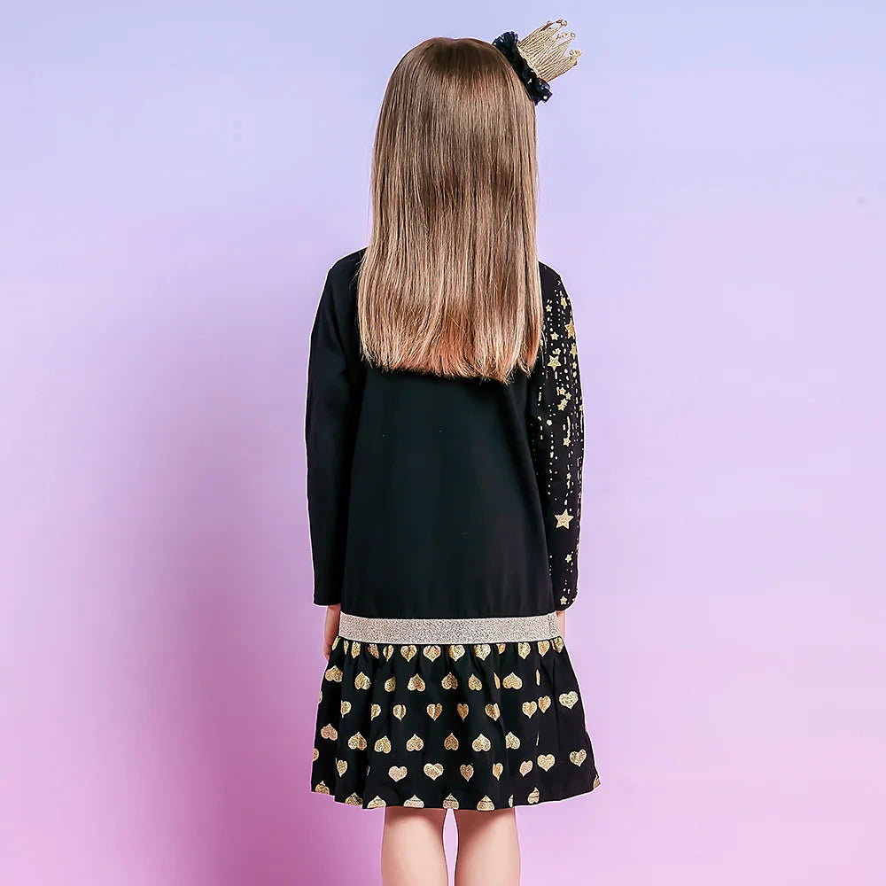 Gold Elk Christmas Heart Sequin Girls Dress