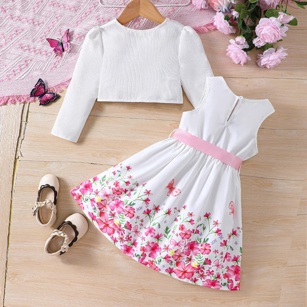 Floral Print Long Sleeve Cardigan and Sleeveless Bow Dress outfit set for Girls