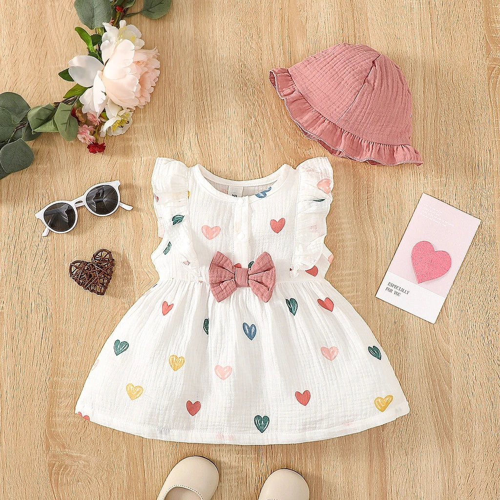 MOMSTAG Newborn Baby Girl 2-Piece Love Print Sleeveless Dress & Hat Set