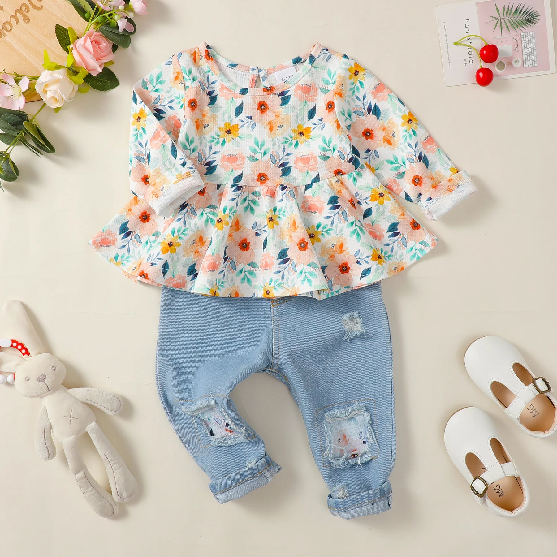 2pc Flower Ruffle Top & Denim Pants Set for Toddler Girl