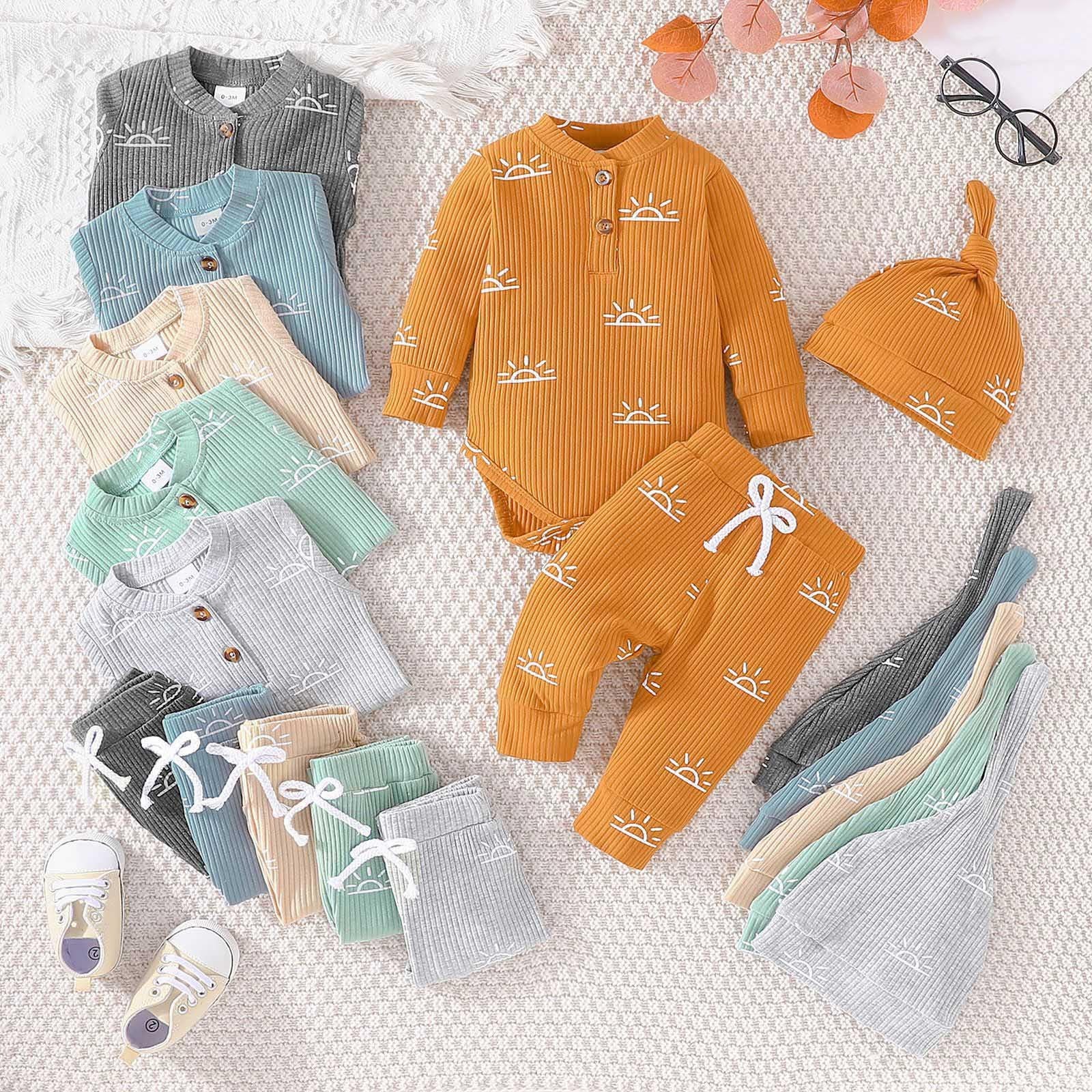 MOMSTAG Newborn Winter Cotton Long Sleeve Bodysuits Pants Hat 3Pcs