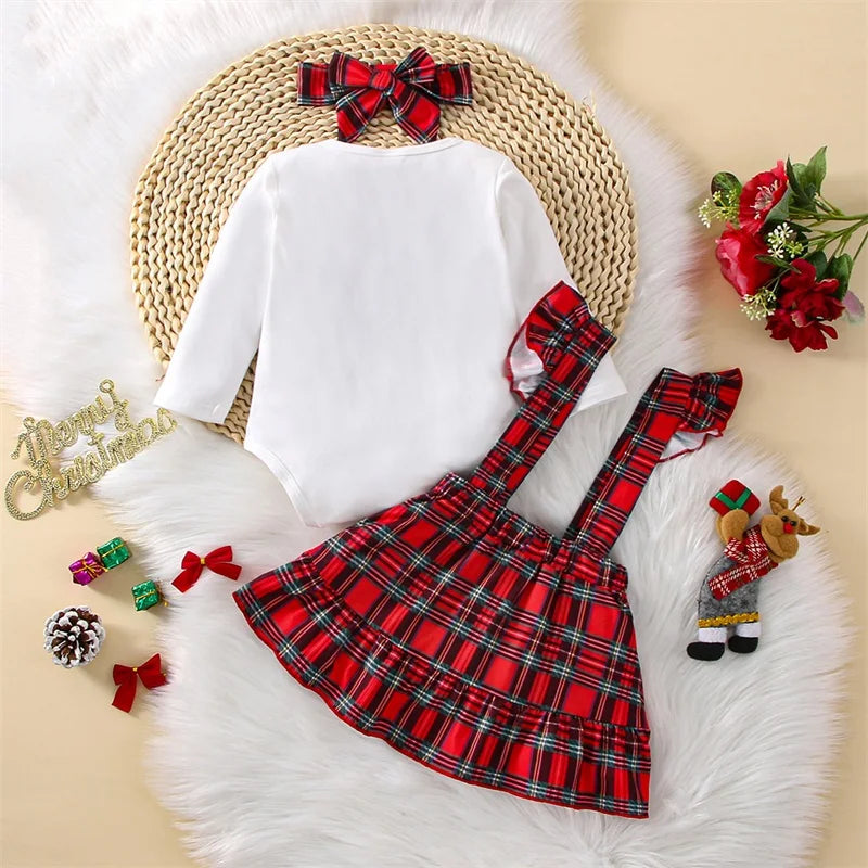 Toddler Girls Christmas Outfits Skirt Set Long Sleeve Romper Plaid Suspender Skirt and Headband