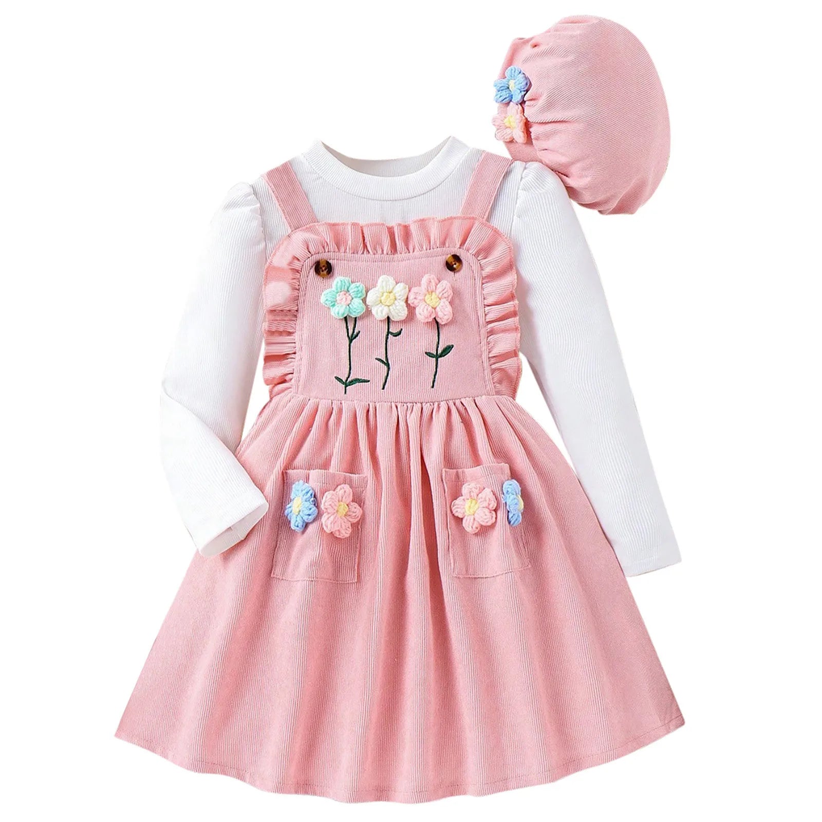 MOMSTAG Girls Top+Floral Splice Suspenders Dress+Cap 3 Pieces Set