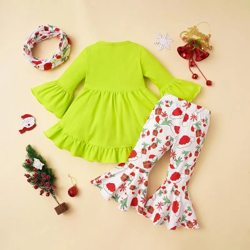 MOMSTAG Girls Falbala Tops Santa Claus Printed Christmas 3Pcs Set