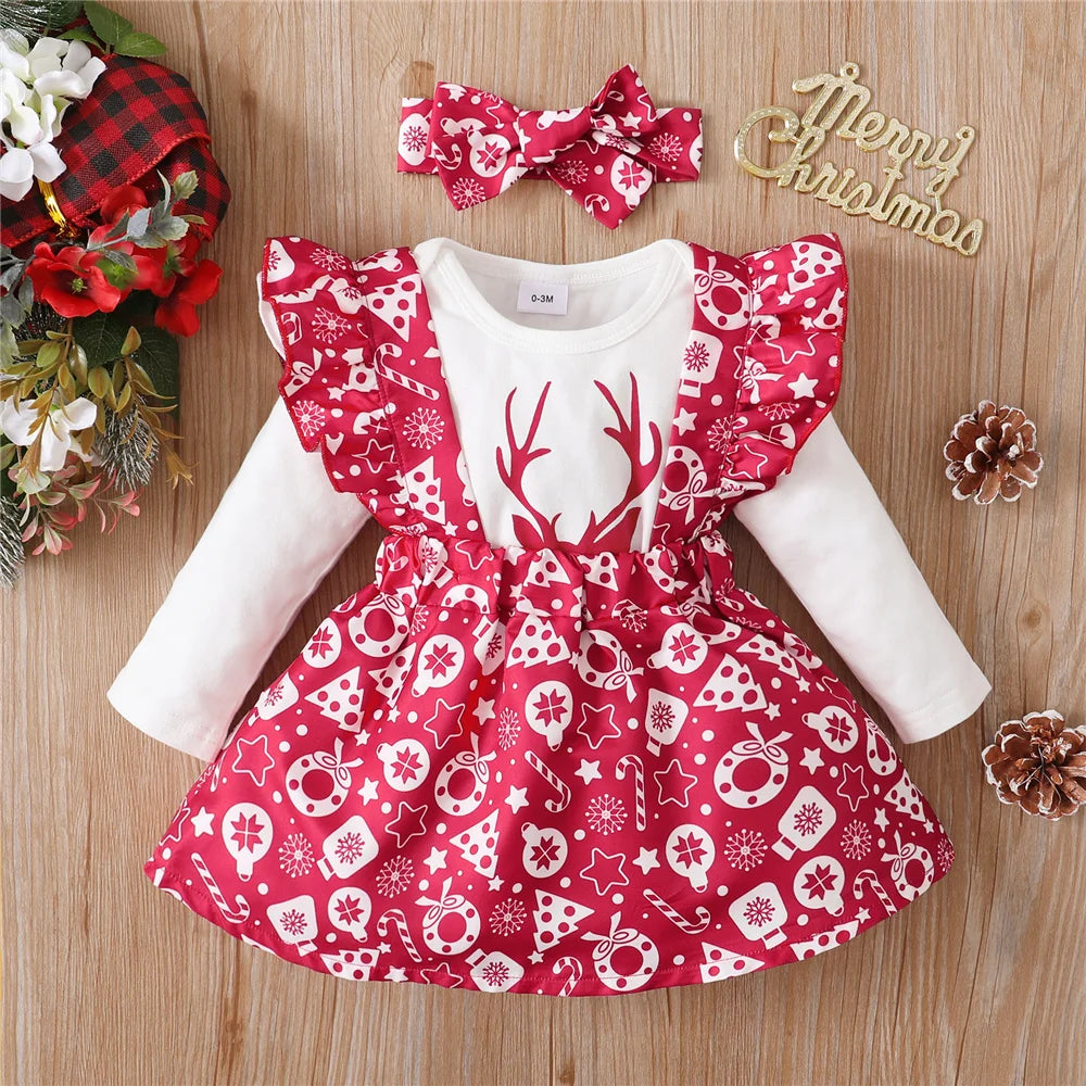 Baby Girl Christmas Reindeer Outfit Set (3 pcs)