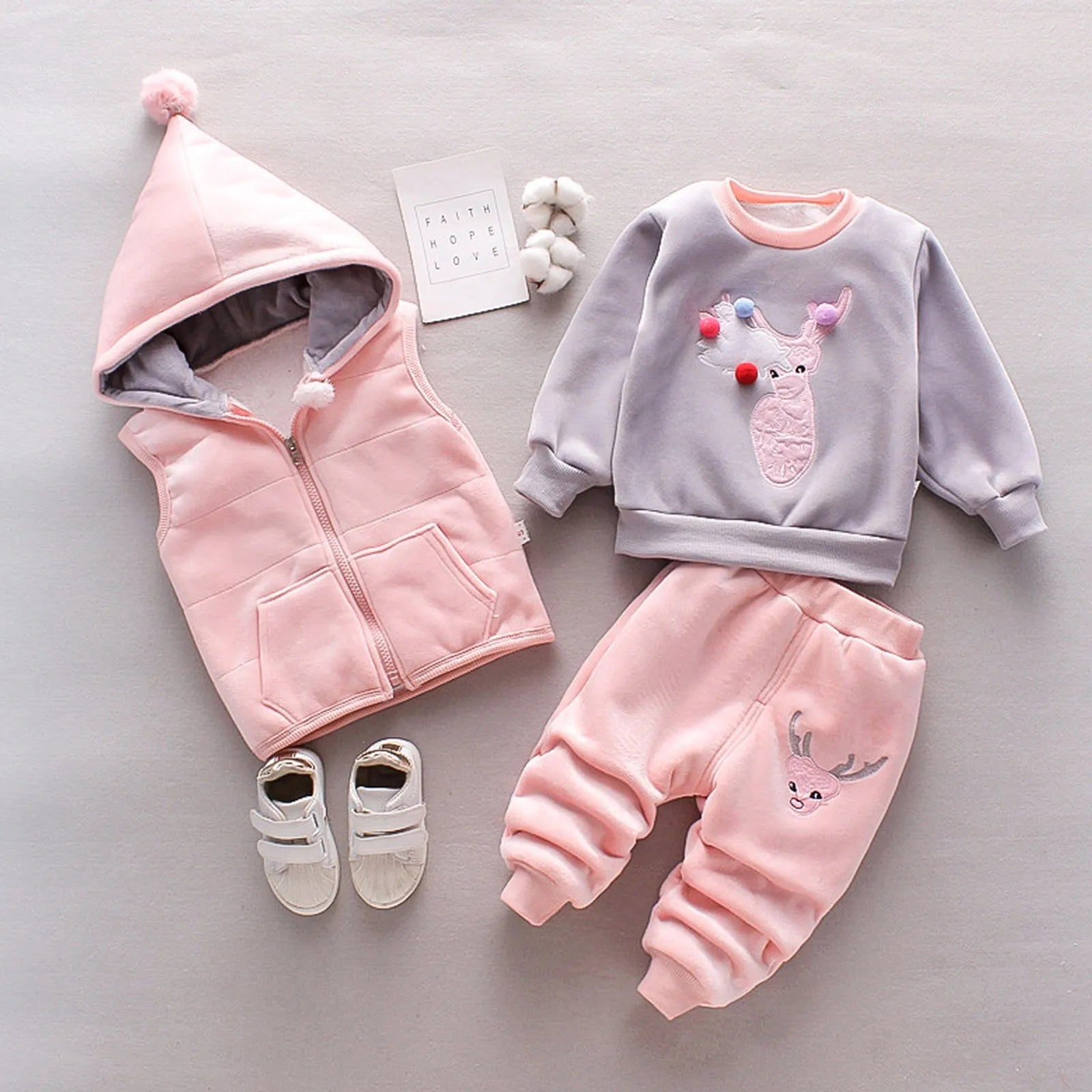 MOMSTAG Baby Winter Velvet Thick Warm Casual Hooded Sweater 3Pcs Set