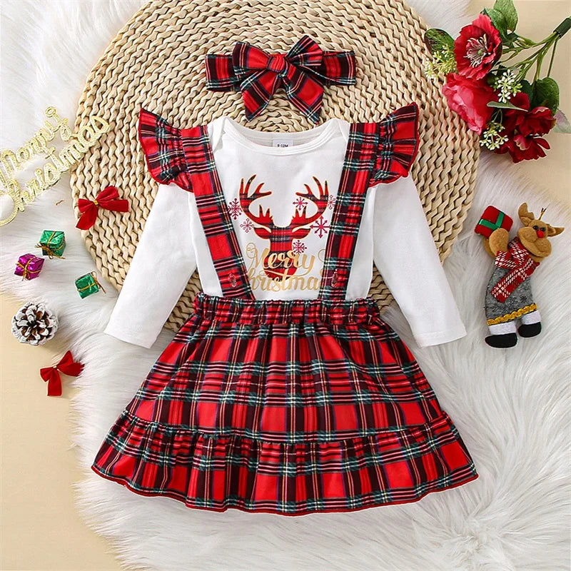 Toddler Girls Christmas Outfits Skirt Set Long Sleeve Romper Plaid Suspender Skirt and Headband