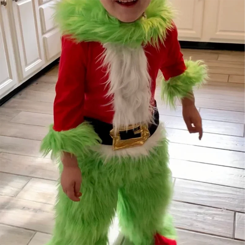 Boys Cosplay Costume Green Furry Monster Santa Claus Suit Xmas Clothes Set