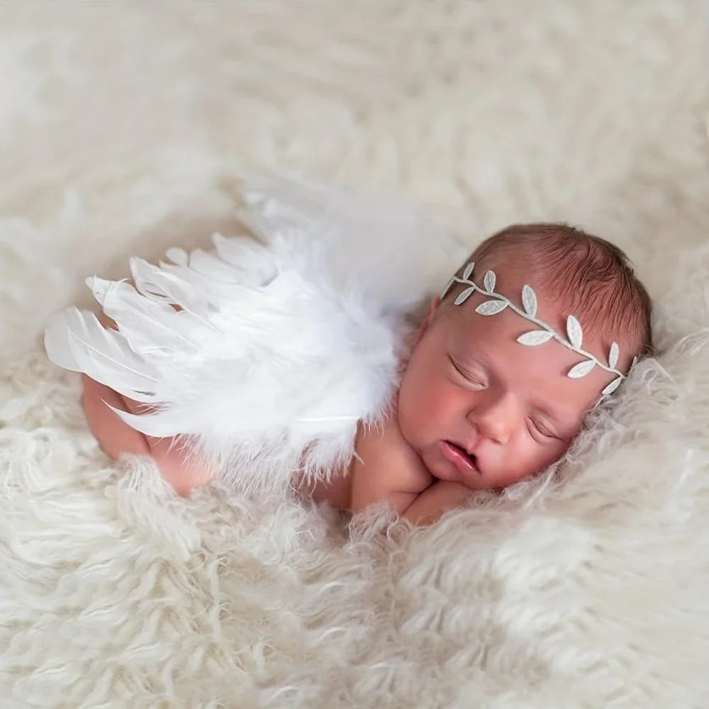 Newborn Angel Feather Wings & Leaf Flower Headband Set - Photography Props/Halloween Costume