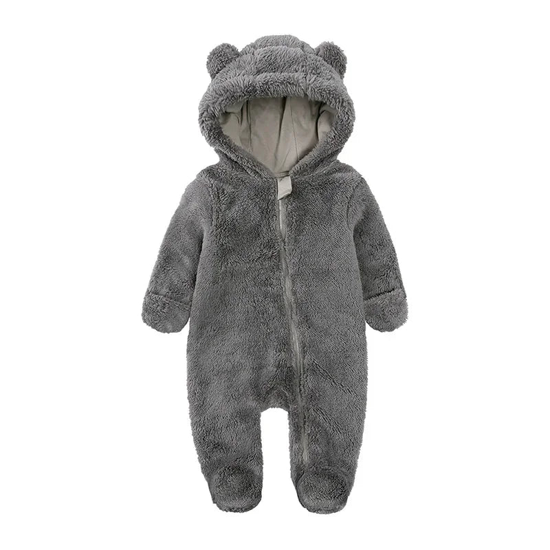 0-12M Fleece Baby Romper Hooded Zipper Bodysuit