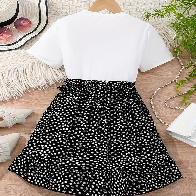 Two Piece Round Neck Printed Short Sleeved Floral Skirt Daily Casual Set