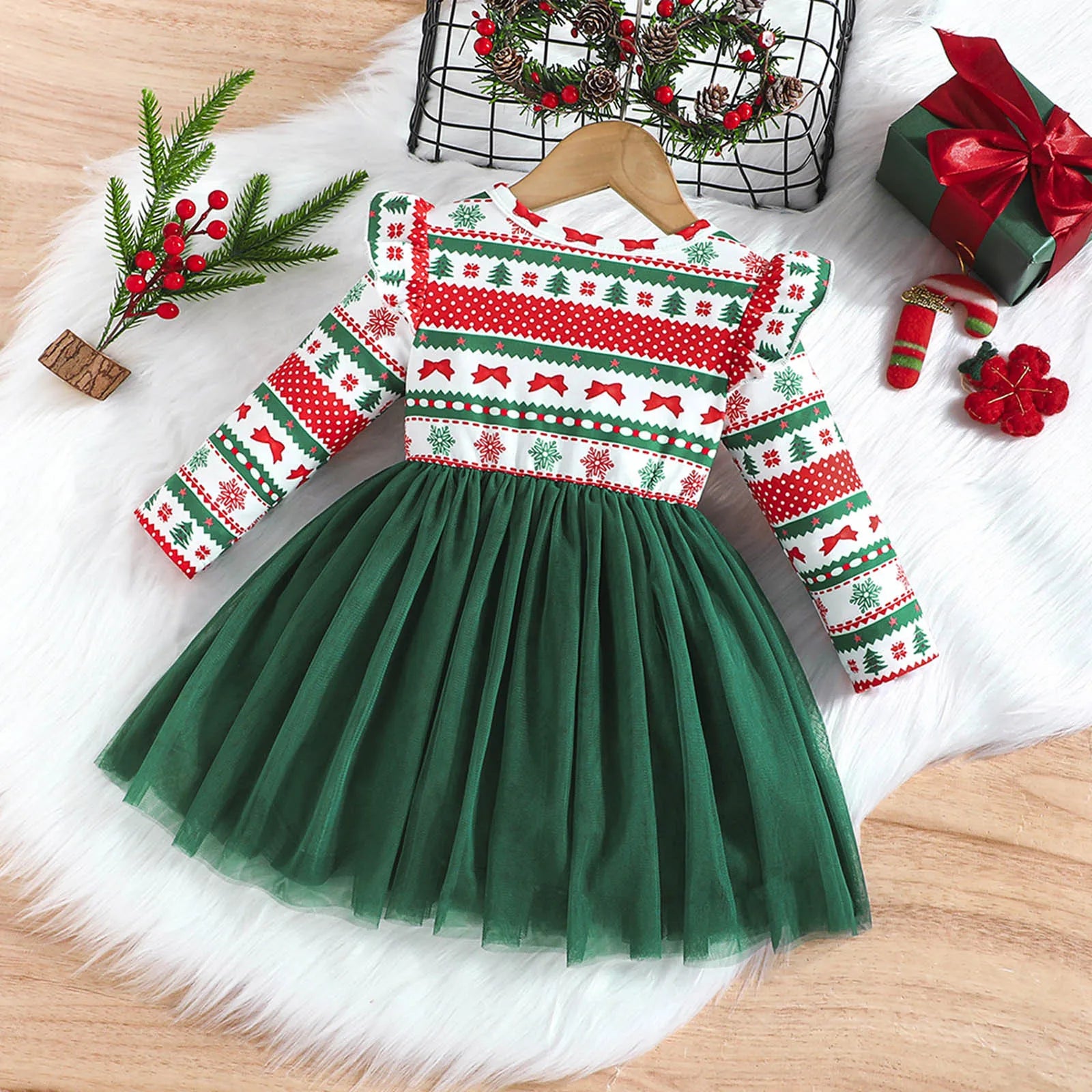 MOMSTAG Toddler Girls Christmas Bowknot Tulle Patchwork Dresses