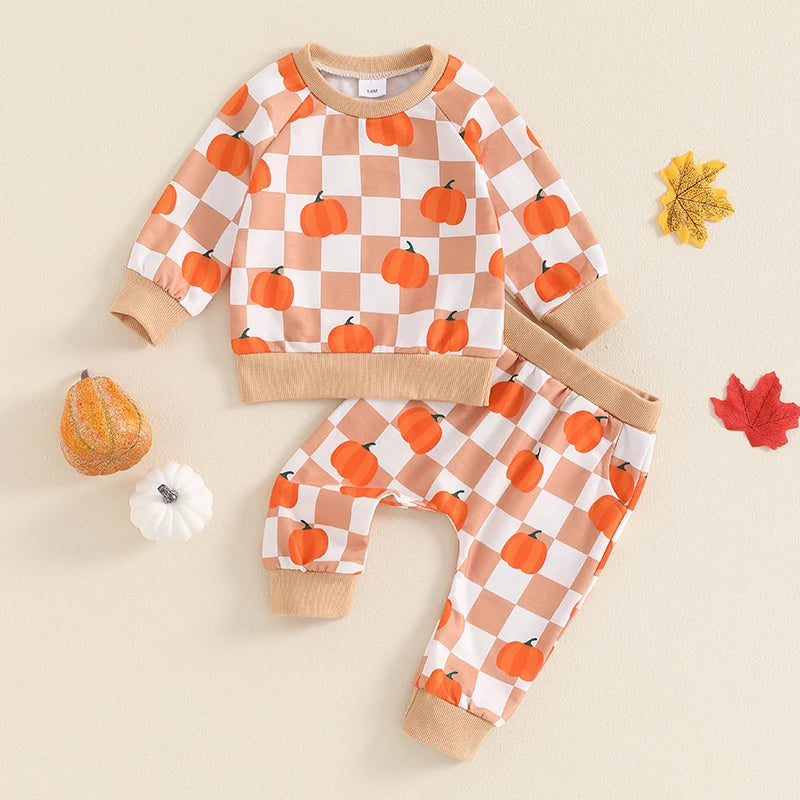 Pumpkin Print Long Sleeve Sweatshirt and Pant for Toddler Boys