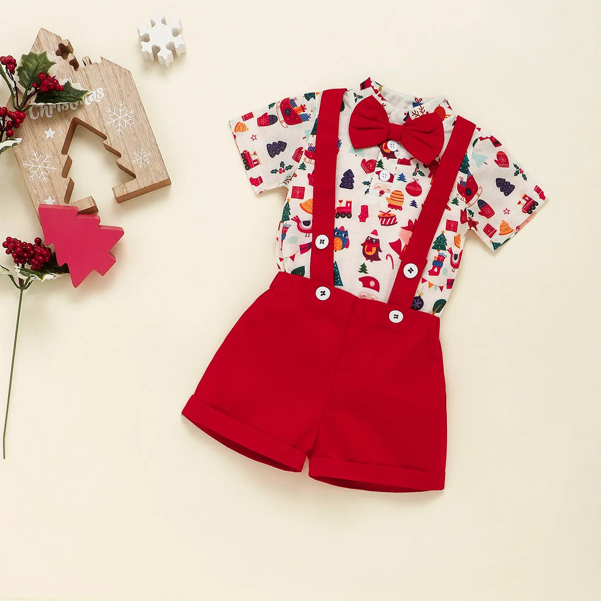 Baby Bow Suit + Brace Shorts Christmas Romper Set