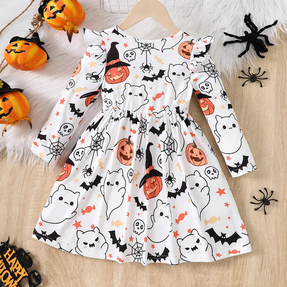 Halloween Print Long Sleeve Dress for Girls