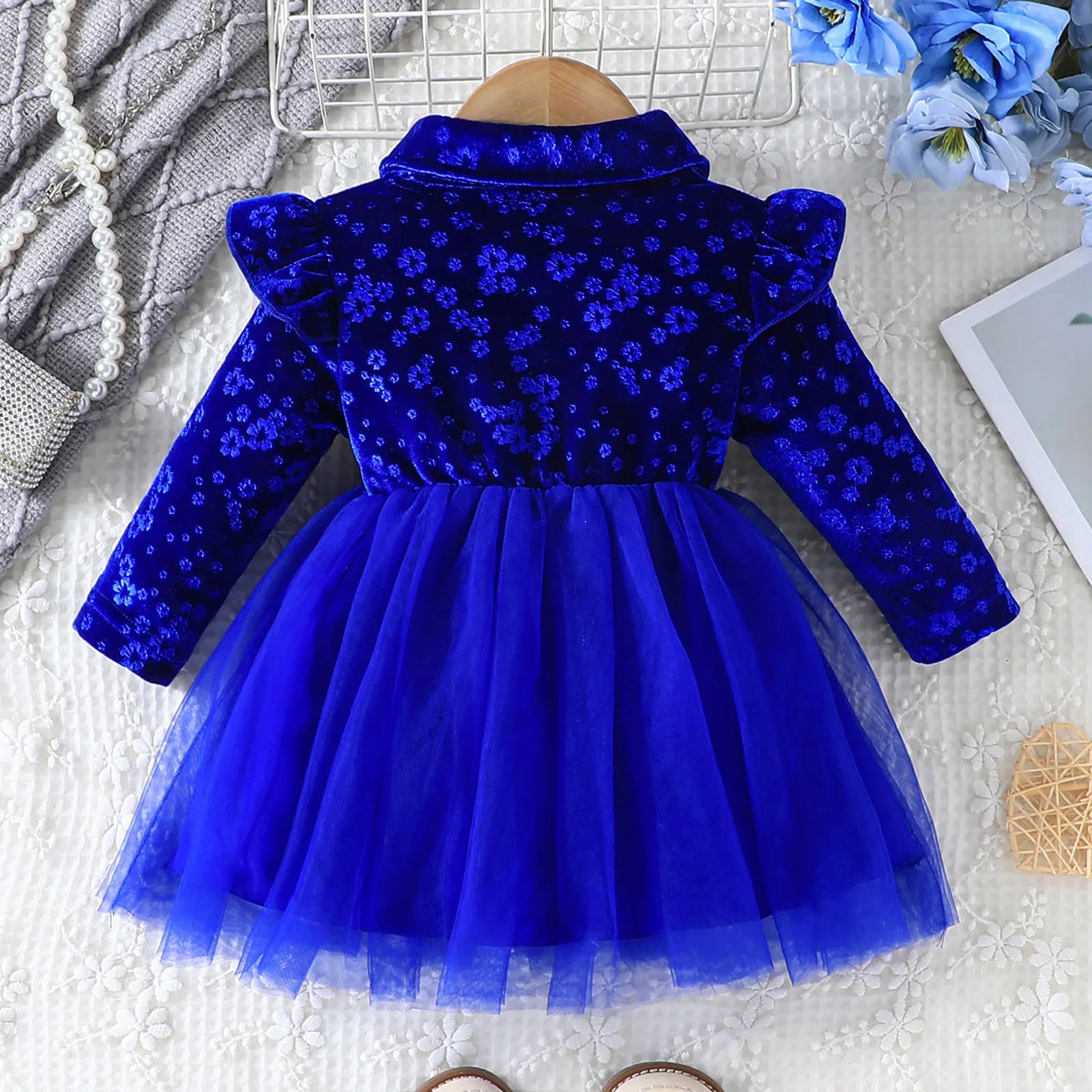 MOMSTAG Toddler Girls Bowknot Flowers Prints Velvet Dress