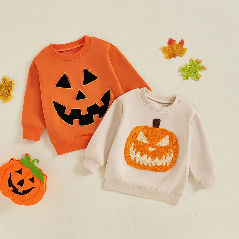 Little Boy and Girl Halloween Pumpkin Embroidery Sweatshirt