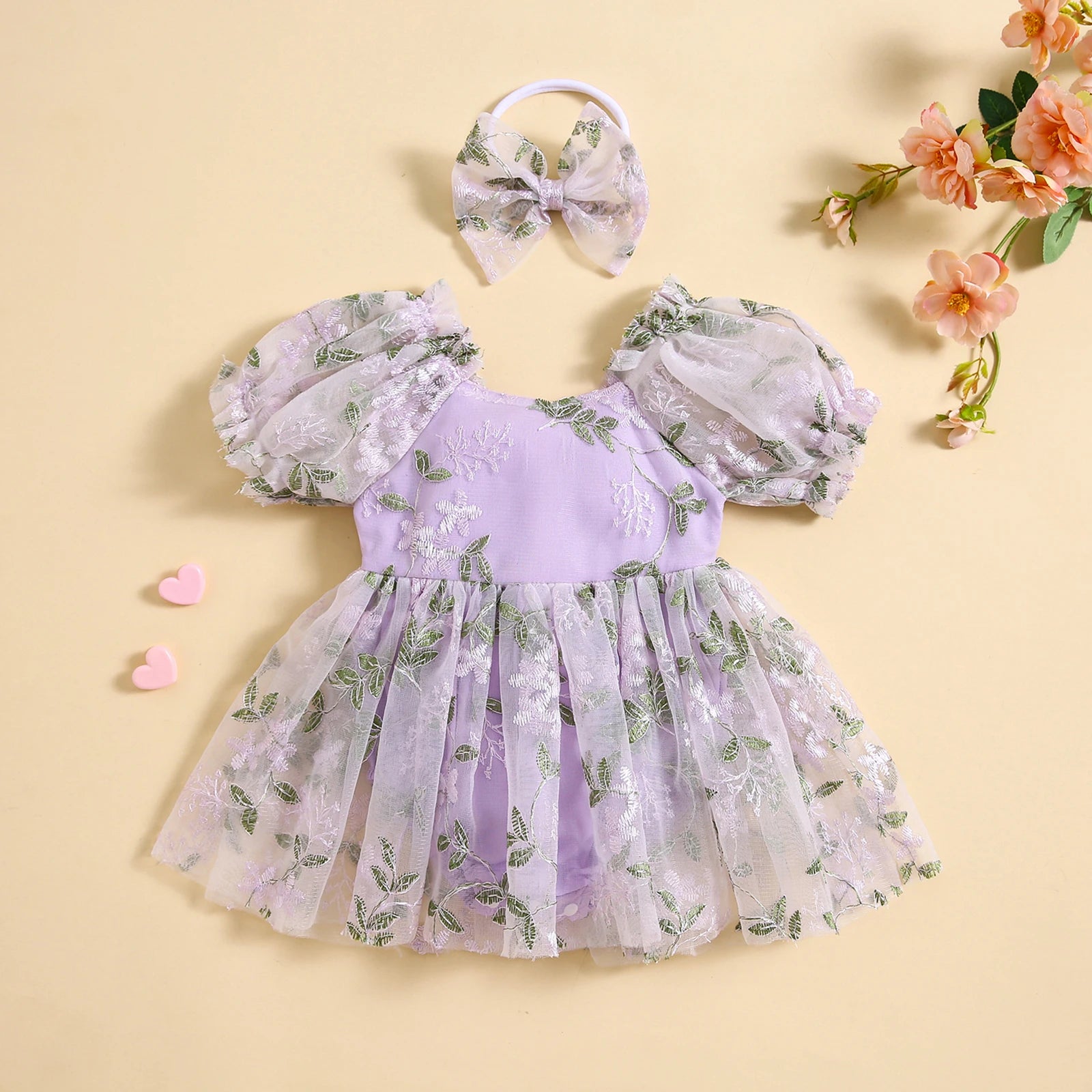 Floral Embroidery Puff Sleeve A-line Romper with Bowknot Headband Outfits for baby girls