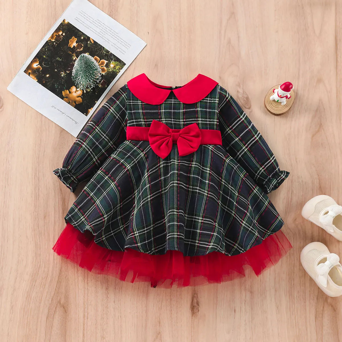 Girls Plaid Bow Christmas Red Tutu Dress