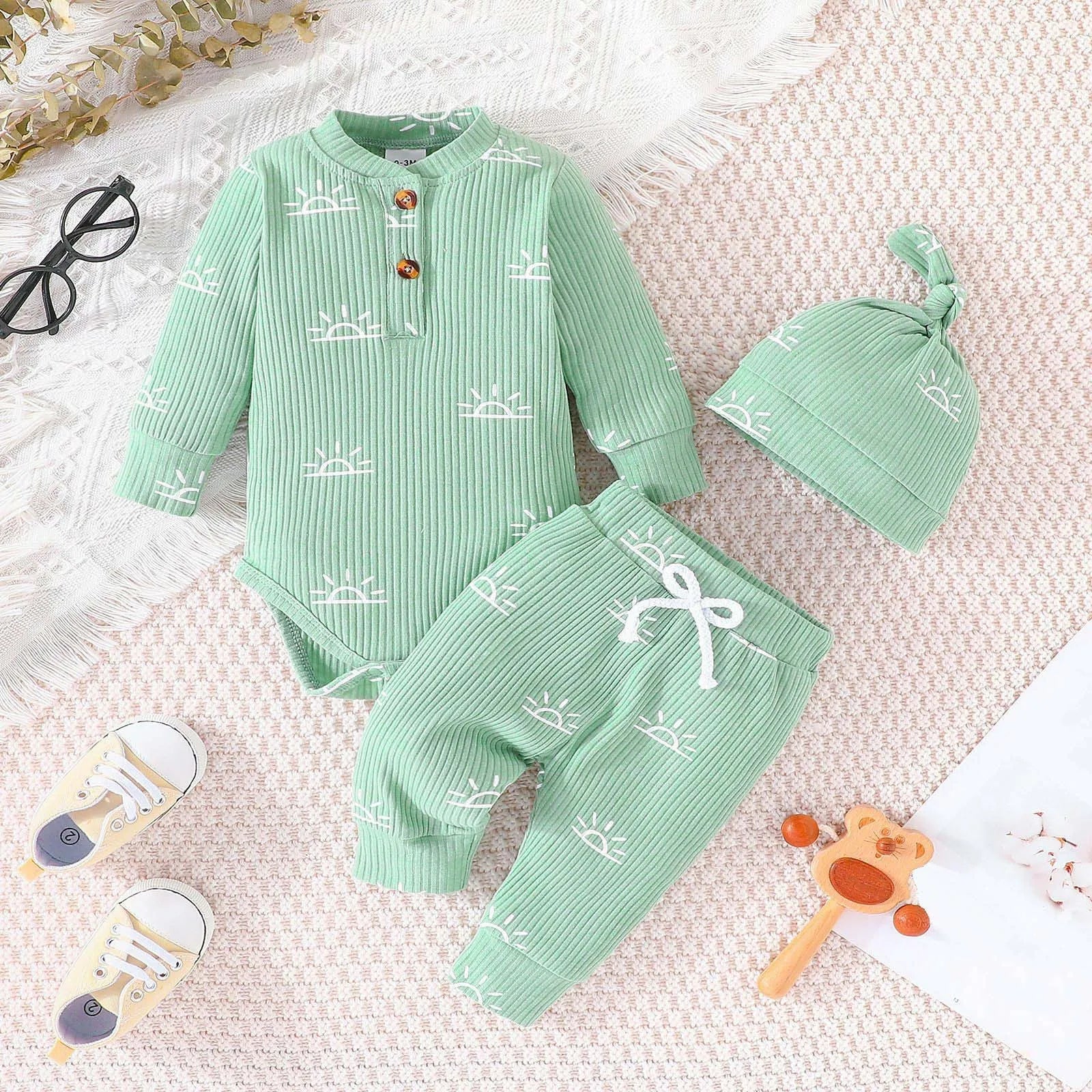 MOMSTAG Newborn Winter Cotton Long Sleeve Bodysuits Pants Hat 3Pcs