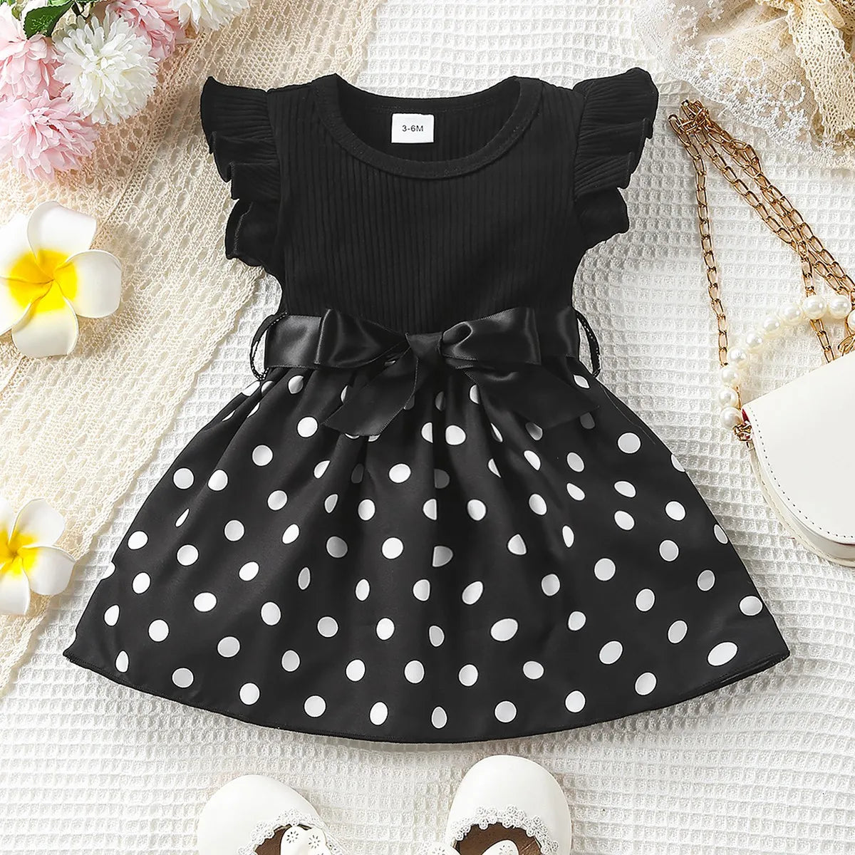 MOMSTAG Baby Girl Butterfly & Plant Polka Dot Ruffle Sleeve Dress with Ribbon