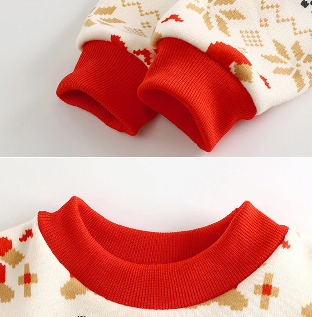 close-up of sleeve and collar on red Santa hat Christmas kids sweatshirt 