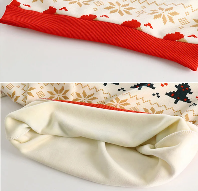 closeup of inner plush lining and hem on red santa hat christmas sweatshirt