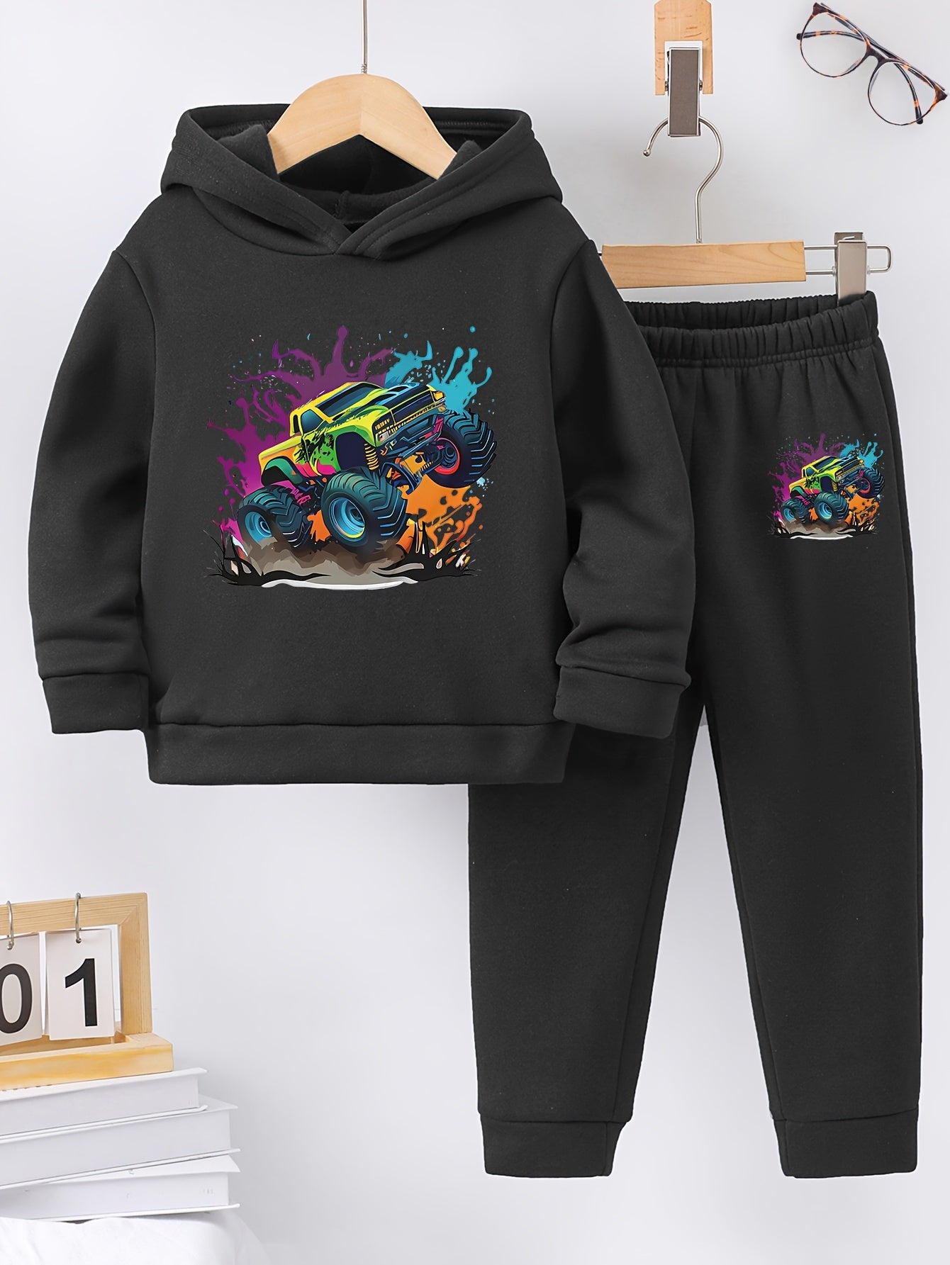 Boys Car Graphic Print Long Sleeve Hooded Sweatshirt + Sporty Pants