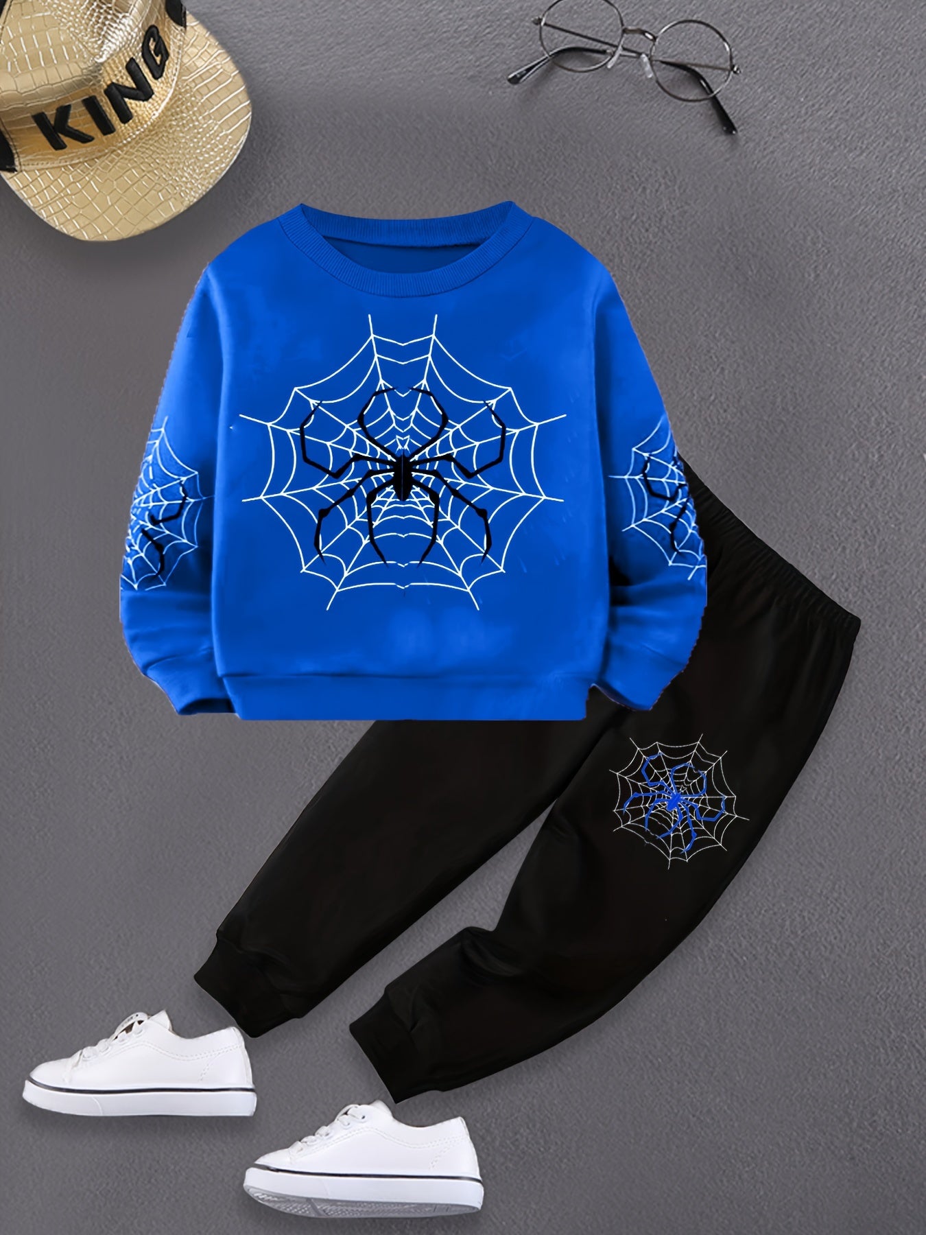 2pcs Boys Cartoon Spider Web Print Long Sleeve Sweatshirt & Pants Sets